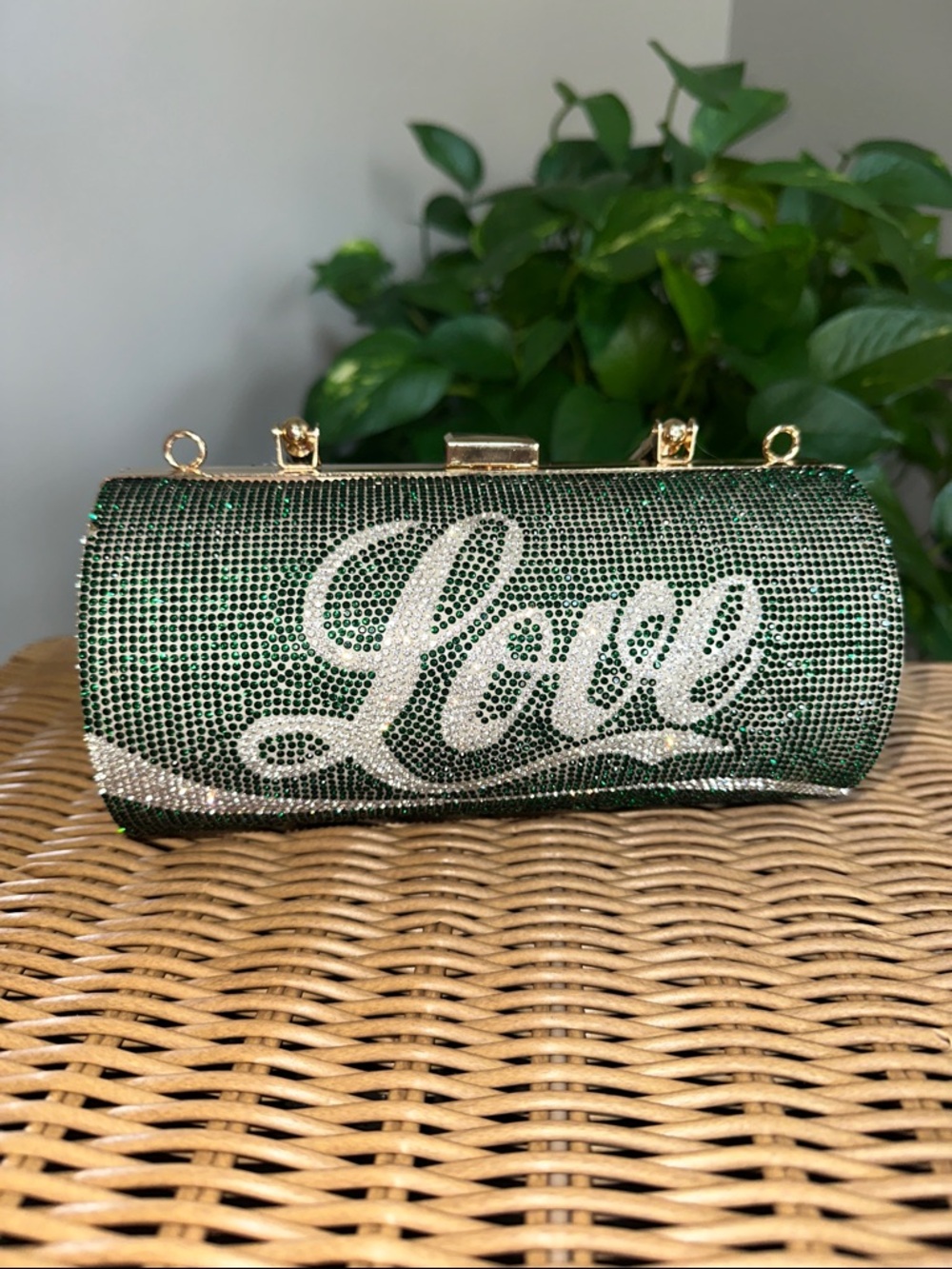 Green Crystal 'Love' Rhinestone Bag - Gold Hardware with attachable strap NWOT